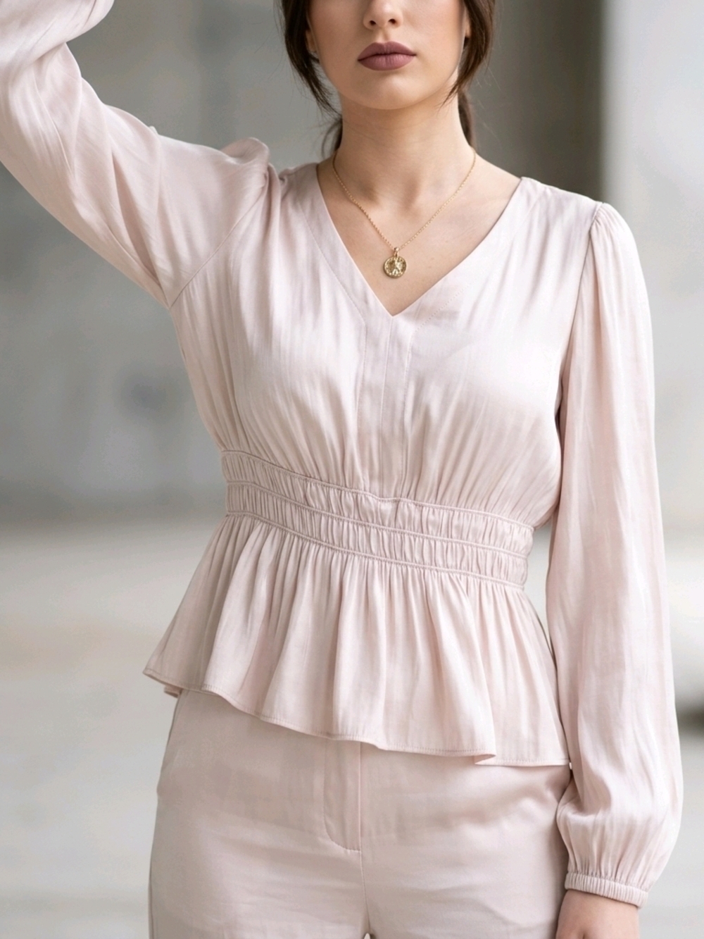 Rachel Zoe Blush Pink Peplum Blouse | Size M | Soft Feminine | Elastic Waist